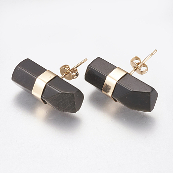 Natural Obsidian Stud Earrings, with Brass Findings, Pillar, Golden, 7~8x21~22mm, Pin: 0.8mm