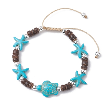 Coconut Braided Bead Bracelets, Starfish & Turtle Synthetic Turquoise Adjustable Bracelets for Women, Turquoise, Inner Diameter: 2-1/2~3-3/4 inch(6.5~9.6cm)