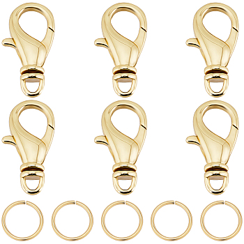 6Pcs Brass Swivel Lobster Claw Clasps, with 20Pcs Open Jump Rings, Real 18K Gold Plated, 16x7.5x4mm, Hole: 1.6mm