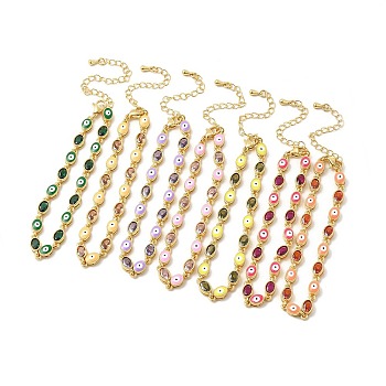 Enamel Evil Eye & Glass Oval Link Chain Bracelet, Golden Brass Jewelry for Women, Mixed Color, 7-1/4 inch(18.3cm)