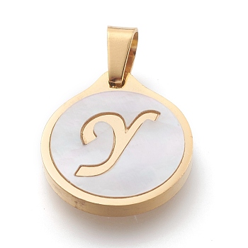 304 Stainless Steel Pendants, with Shell, Flat Round with Alphabet, Golden, Letter.Y, 20.5x18x2.5mm, Hole: 7x4mm