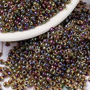 MIYUKI Round Rocailles Beads, Japanese Seed Beads, 8/0, (RR357) Root Beer Lined Light Topaz AB, 3mm, Hole: 1mm, about 422~455pcs/10g