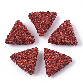 Handmade Polymer Clay Rhinestone Beads, Triangle, Light Siam, PP14(2.0~2.1mm), 18.5x19.5~20.5x9mm, Hole: 1.6mm