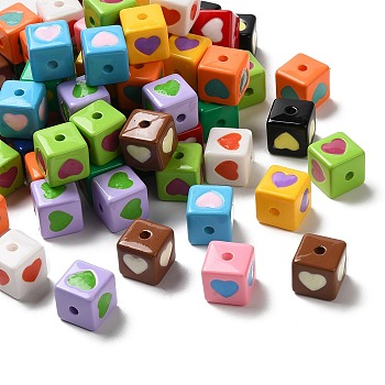 Opaque Enamel Acrylic Beads, Cube with Heart Pattern, Mixed Color, 12.5x12x12mm, Hole: 2.6mm