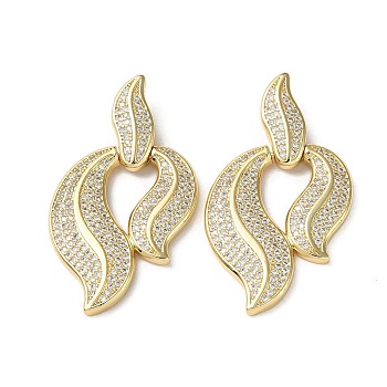 Rack Plating Brass Micro Pave Clear Cubic Zirconia Pendants, Leaf Charms, Real 16K Gold Plated, 44mm, Pendants: 31x24x3mm, Hole: 5x2mm