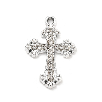 Alloy Rhinestone Pendants, UV Plated, Cross, Platinum, 26.5x17.5x2mm, Hole: 1.8mm