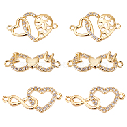 6Pcs 3 Style Brass Micro Pave Clear Cubic Zirconia Links Connectors, Connector Charms, Heart, Real 18K Gold Plated, 8.5x23x2mm, 2pcs/style(ZIRC-FG0001-02)