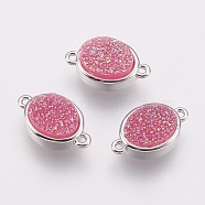 Druzy Resin Links connectors, with Brass Findings, Oval, Hot Pink, 9x14x5mm, Hole: 1mm(G-F564B-08P)