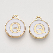 Golden Plated Alloy Charms, Cadmium Free & Lead Free, with Enamel, Enamelled Sequins, Flat Round with Letter, White, Letter.Q, 14x12x2mm, Hole: 1.5mm(X-ENAM-S118-01Q)