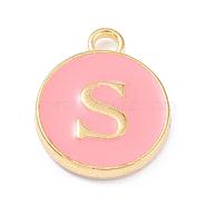 Golden Plated Alloy Enamel Charms, Enamelled Sequins, Flat Round with Alphabet, Letter.S, Pink, 14x12x2mm, Hole: 1.5mm(X-ENAM-Q437-14S)
