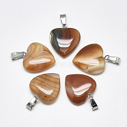 Natural Banded Agate/Striped Agate Pendants, Dyed, with Stainless Steel Snap On Bails, Heart, Stainless Steel Color, Sienna, 22~24x20~21x5~7mm, Hole: 3~4x7~8.5mm(G-T122-24F)
