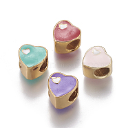 Brass Enamel European Beads, Large Hole Beads, Long-Lasting Plated, Heart, Golden, Mixed Color, 10x10x7mm, Hole: 5mm(KK-F787-A)