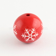 Round Acrylic Snowflake Pattern Beads, Christmas Ornaments, Red, 20mm, Hole: 2.5mm(SACR-S196-20mm-07)