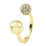 Cubic Zirconia Round with Flower Open Cuff Ring, Rack Plating Real 18K Gold Plated Brass Ring, Long-Lasting Plated, Clear, Inner Diameter: 18mm(RJEW-H218-01G-01)