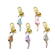 Cat Alloy Enamel Pendant Decoration, with Brass Bell and Alloy Clasp, Mixed Color, 53mm, 5pcs/set(HJEW-JM01476)