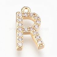 Brass Letter Pendants, with Cubic Zirconia, Lead Free & Cadmium Free & Nickel Free, Long-Lasting Plated, Golden, Letter.R, 15x8x2mm, Hole: 1.2mm(KK-P150-03G-R)