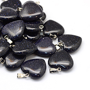 Heart Synthetic Blue Goldstone Pendants, with Platinum Tone Brass Findings, 20~22x20~21x5~8mm, Hole: 2x7mm(G-Q438-21)
