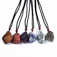 Natural Gemstone Pendant Necklaces, Slider Necklaces, with Random Color Polyester Cords, Rough Raw Stone, 26~29.9 inch(66~76cm)(NJEW-S421-036)
