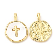 Rack Plating Brass Pendants with Shell, Long-Lasting Plated, Lead Free & Cadmium Free, Flat Round with Cross Charms, Real 18K Gold Plated, 18x14x2mm, Hole: 5x1.8mm(KK-Q775-01G)