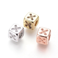 Brass Beads, with Micro Pave Cubic Zirconia, Cube with Cross Sign, Clear, Mixed Color, 6x6x6mm, Hole: 3mm(KK-I657-11)