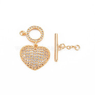 Brass Micro Pave Clear Cubic Zirconia Toggle Clasps, Clover, Nickel Free, Heart, Real 18K Gold Plated, 40mm, Hole: 1.4mm(KK-N232-296)