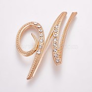 Alloy Brooches, with Rhinestone, Letter, Letter.W, Golden, 56x47x3mm, Pin: 1mm(JEWB-WH0005-01W-G)