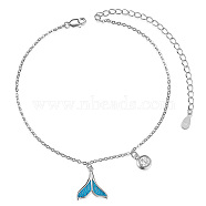 SHEGRACE Rhodium Plated 925 Sterling Silver Charm Anklets, with Epoxy Resin and Cubic Zirconia, Whale Tail Shape, Platinum, 8-1/4 inch(21cm)(JA136A)