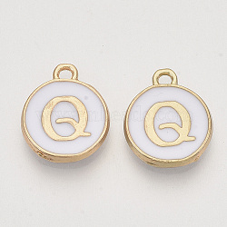 Golden Plated Alloy Charms, Cadmium Free & Lead Free, with Enamel, Enamelled Sequins, Flat Round with Letter, White, Letter.Q, 14x12x2mm, Hole: 1.5mm(X-ENAM-S118-01Q)