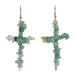 Natural Aventurine Cross Dangle Earrings, with Alloy and Brass Wire Jewelry for Women, Golden, 83x35.5mm(EJEW-Z071-01G-02)