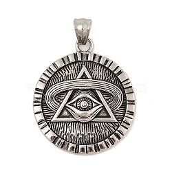 304 stainless Steel Pendants, Flat Round with Eye of Horus Charm, Antique Silver, 41x35.5x5mm, Hole: 8.5x5mm(STAS-M083-01AS)