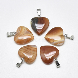 Natural Banded Agate/Striped Agate Pendants, Dyed, with Stainless Steel Snap On Bails, Heart, Stainless Steel Color, Sienna, 22~24x20~21x5~7mm, Hole: 3~4x7~8.5mm(G-T122-24F)