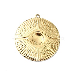 Ion Plating(IP) 304 Stainless Steel Pendant Cabochon Setting, Flat Round with Eye Charm, Real 18K Gold Plated, 26x24x2mm, Hole: 1.4mm, Tray: 6mm(STAS-B058-12G-01)