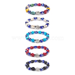 Lampwork Evil Eye & Dyed Synthetic Turquoise(Dyed) Skull Beaded Stretch Bracelets, Synthetic Hematite & Rhinestone Beads Bracelet for Women, Mixed Color, Inner Diameter: 2-1/8 inch(5.4cm)(BJEW-JB08922)