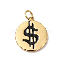 Rack Plating Brass Enamel Pendants, with Jump Rings, Real 18K Gold Plated, Cadmium Free & Nickel Free & Lead Free, Flat Round with Dollar, Black, 17x15x1.5mm, Hole: 3.6mm(KK-H431-27G)