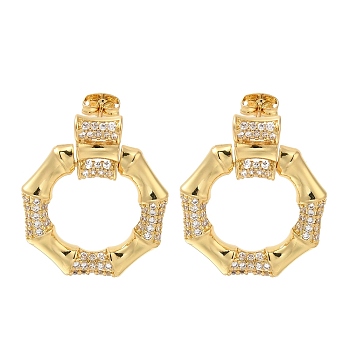 Rack Plating Polygon Brass Micro Pave Clear Cubic Zirconia Stud Earrings, Long-Lasting Plated, Lead Free & Cadmium Free, Real 18K Gold Plated, 30x25mm