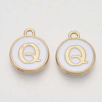 Golden Plated Alloy Charms, Cadmium Free & Lead Free, with Enamel, Enamelled Sequins, Flat Round with Letter, White, Letter.Q, 14x12x2mm, Hole: 1.5mm