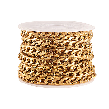 304 Stainless Steel Cuban Link Chains, Chunky Curb Chains, Unwelded, with Spool, Golden, 10x7mm, about 16.4 Feet(5m)/roll