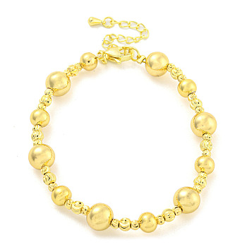 Rack Plating Round & Grooved Round Brass Beaded Bracelets for Women, Cadmium Free & Lead Free, Long-Lasting Plated, Real 18K Gold Plated, 7-1/4 inch(18.5cm)