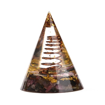 Orgonite Cone, Resin Pointed Home Display Decorations, with Natural Tourmaline and Metal Findings, 50x60mm
