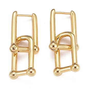 Brass Huggie Hoop Earrings, Long-Lasting Plated, Rectangle, Real 18K Gold Plated, 36.5mm, Pin: 1mm