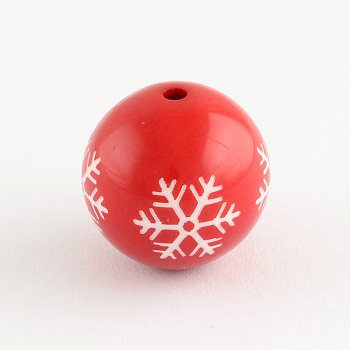 Round Acrylic Snowflake Pattern Beads, Christmas Ornaments, Red, 20mm, Hole: 2.5mm