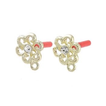Rack Plating Golden Alloy with Rhinestone Stud Earring Findings, with Loops and 304 Stainless Steel Pins, Cadmium Free & Nickel Free & Lead Free, Flower, 16.5x13mm, Hole: 1.6mm, Pin: 0.7x9.5mm.