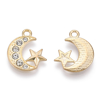 Alloy Pendants, with Crystal Rhinestone, Cadmium Free & Lead Free, Moon with Star, Light Gold, 19.5x16.5x2mm, Hole: 2mm
