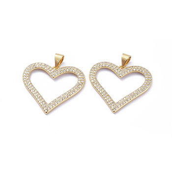Brass Micro Pave Cubic Zirconia Pendants, Long-Lasting Plated, Heart, Clear, Golden, 23.5x25.5x2mm, Hole: 5x3mm