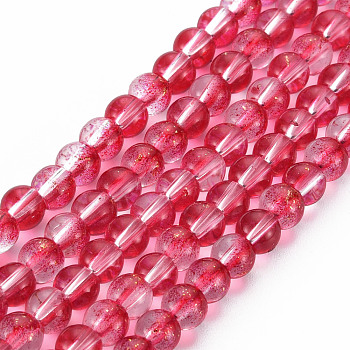 Transparent Spray Painted Glass Bead Strands, with Golden Foil, Round, Camellia, 6~7mm, Hole: 1.2~1.5mm, about 65~67pcs/Strand, 14.76 inch~15.12 inch(37.5~38.4cm)