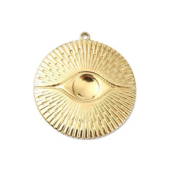 Ion Plating(IP) 304 Stainless Steel Pendant Cabochon Setting, Flat Round with Eye Charm, Real 18K Gold Plated, 26x24x2mm, Hole: 1.4mm, Tray: 6mm