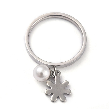 Dual-use Items, 304 Stainless Steel Finger Rings or Pendants, with Plastic Round Beads, Flower, White, Stainless Steel Color, US Size 7(17.3mm)