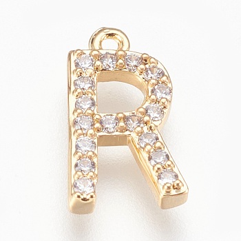 Brass Letter Pendants, with Cubic Zirconia, Lead Free & Cadmium Free & Nickel Free, Long-Lasting Plated, Golden, Letter.R, 15x8x2mm, Hole: 1.2mm