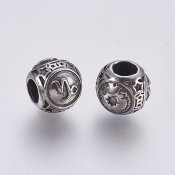 316 Surgical Stainless Steel European Beads, Large Hole Beads, Rondelle, Capricorn, Antique Silver, 10x9mm, Hole: 4mm