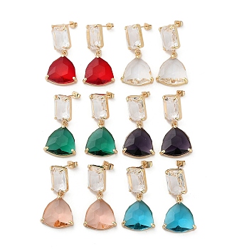 Golden Brass with Glass Dangle Stud Earrings, Triangle, Mixed Color, 37.5x18.5mm